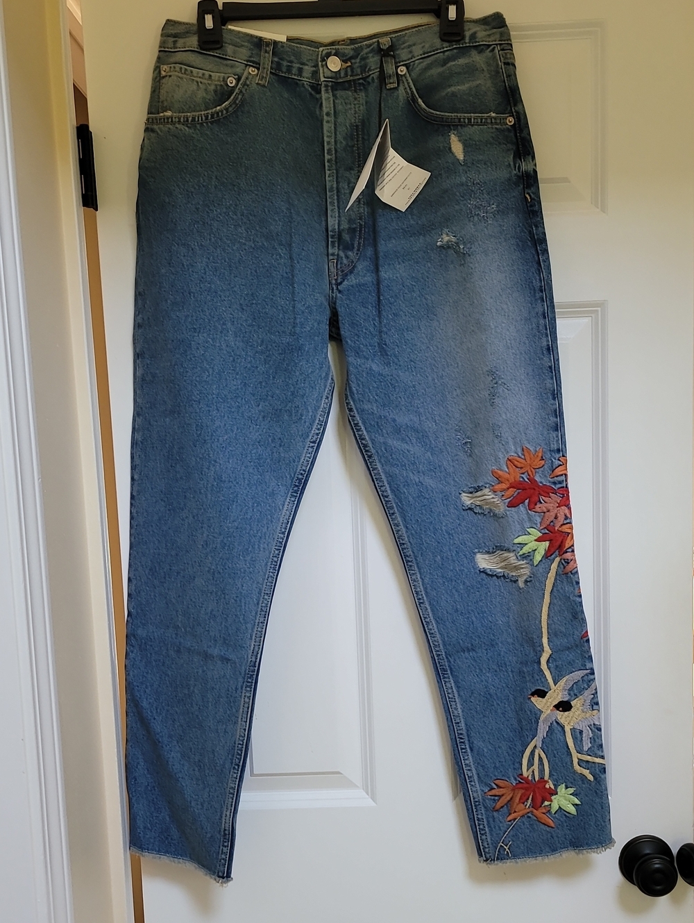 ZARA Embroidered Jeans High Rise Distressed Raw Hem Bird Floral